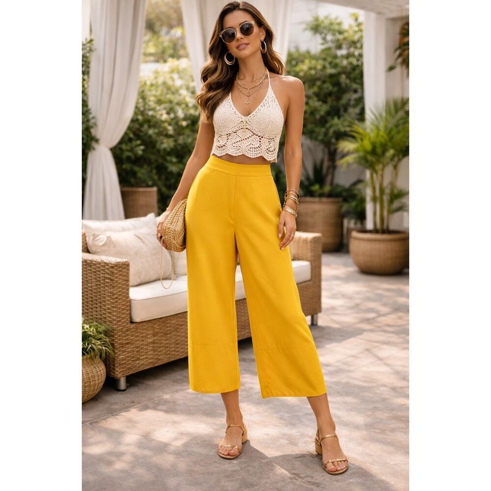Amanda Uprichard High Rise Wide Leg Cropped Trousers Mustard Yellow Women's S